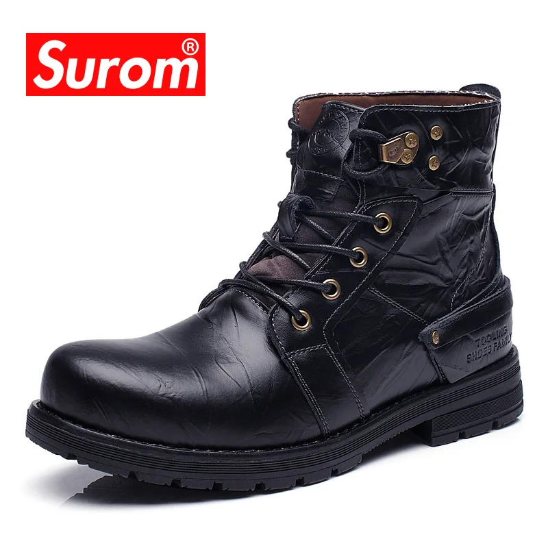 

SUROM Genuine Leather Boots Autumn Winter Men Ankle Shoes Fashion Round Toe Winter Lace up Boots Men Work Footwear Motorcycle