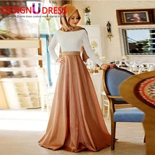 Elegant and Gold Long Muslim Arabic Lace Evening Dress with Hijab Plus Size A-line High Neck Long Sleeve Formal Party Dress
