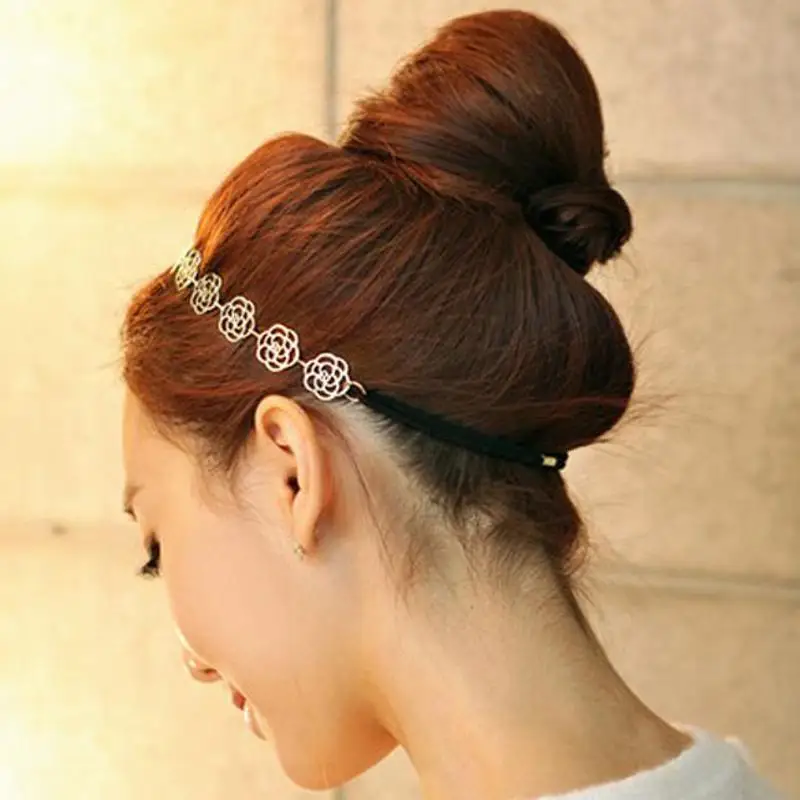 

Lovely Cute Sweet Exquisite Carve Flower Hair Band Alloy High Elasticity Rose Headband Necklace for Women Hair Accessories