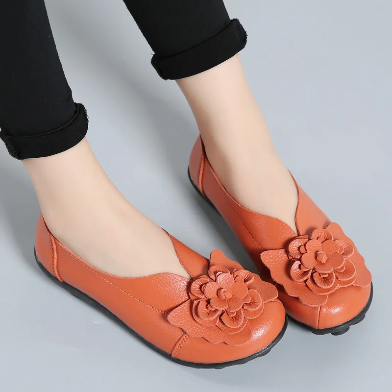 Koovan/Женская обувь на плоской подошве с цветочным принтом; коллекция года; сезон весна-лето; новые модели; удобная обувь из натуральной кожи для мам; женская обувь на плоской подошве - Цвет: Orange