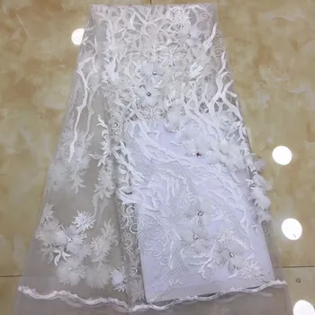 

Latest High Quality African Tulle Lace Fabric 3D Flowers Sequins With Big stone French Net Lace For Wedding Dress White red