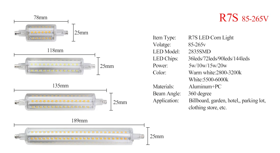 R7S Led Bulb Corn Lamp Dimmable 5W 10W 15W 20W 78mm 118mm 135mm 189mm SMD2835 Light Replace Halogen Lamps AC85V-265V (2)