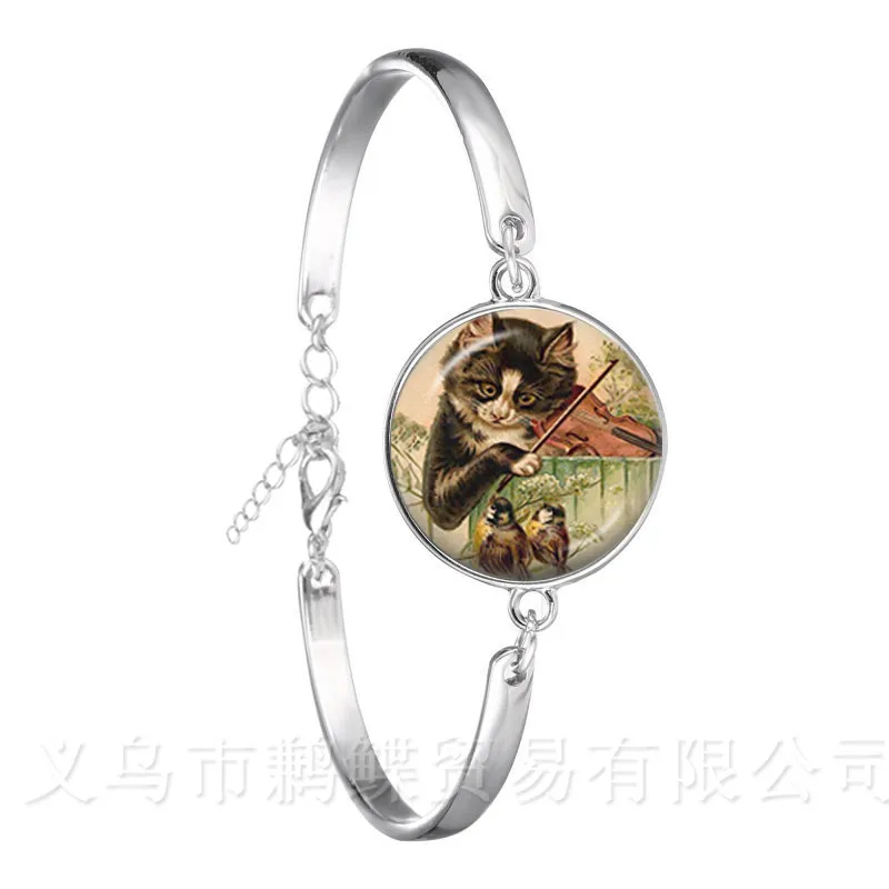 

Cat And Flower Picture Round Glass Dome Bracelet Cat Pattern Series Animal Lover Creative Gift Chain Bangle