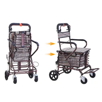 

Foldable Shopping Cart Can Sit and Push Scooter Four Wheels Folding Trolley For Elderly Shopping Cart with Brake/Storage Basket