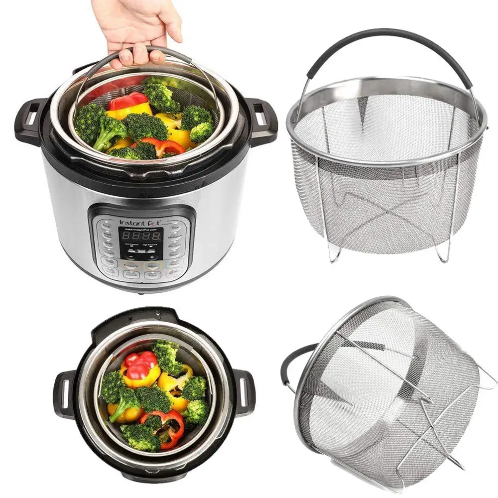 6qt Stainless Steel Steamer Basket Fits InstaPot Pressure Cooker Instant Pot Accessories w/Silicone Scrubber Handle and Non-Slip Legs for Steaming Vegetables Fruits Eggs Meats 