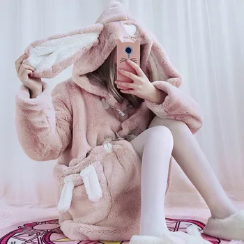 

Winter Soft Long Rabbit Ears Hooded Plus Velvet Jacket Japanese Lolita Thick Horn Buckles Parka Plush Pink Faux Rabbit Fur Coats
