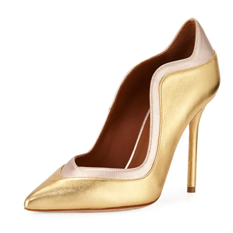 

Classic Spring Scalloped Metallic Leather Pumps Women Shallow Slip-On Gladiator Shoes Pointed Toe Stiletto High Heels Sexy Pumps