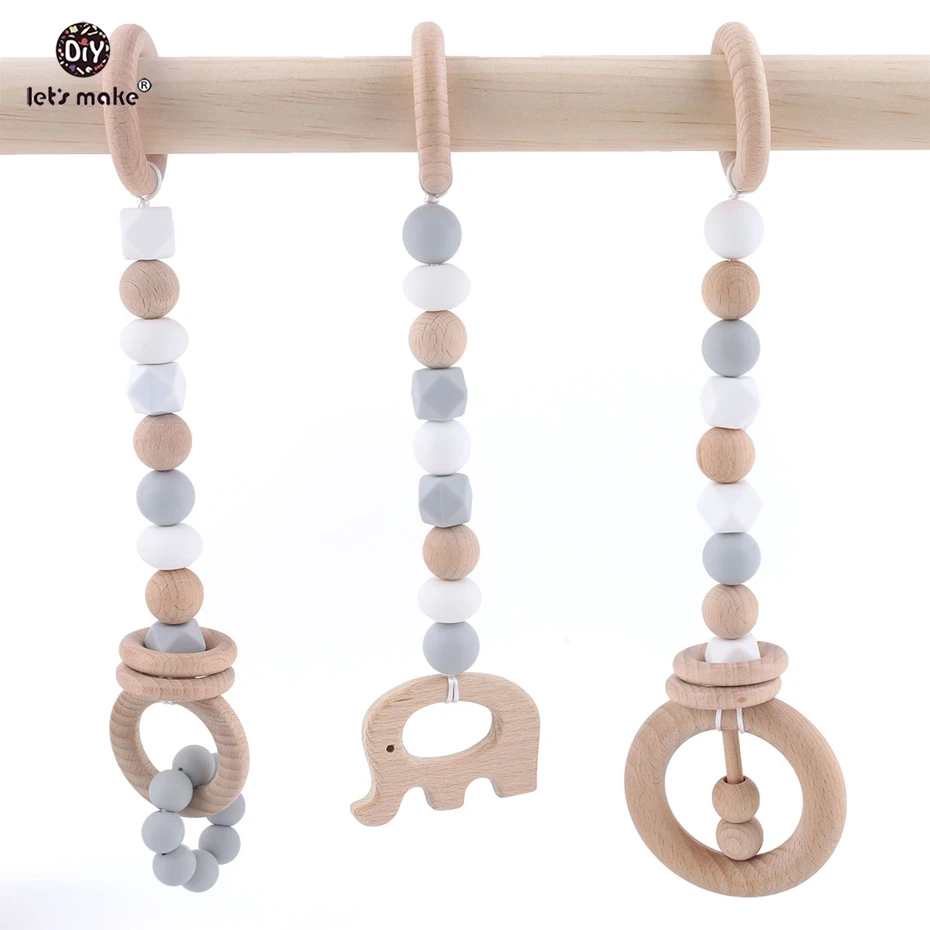 Let's Make Baby Toys Wooden Teether Teething Beech Wood Ring Sensory Baby Gym Toy Chew Silicone Teether Play Gym Baby Rattles