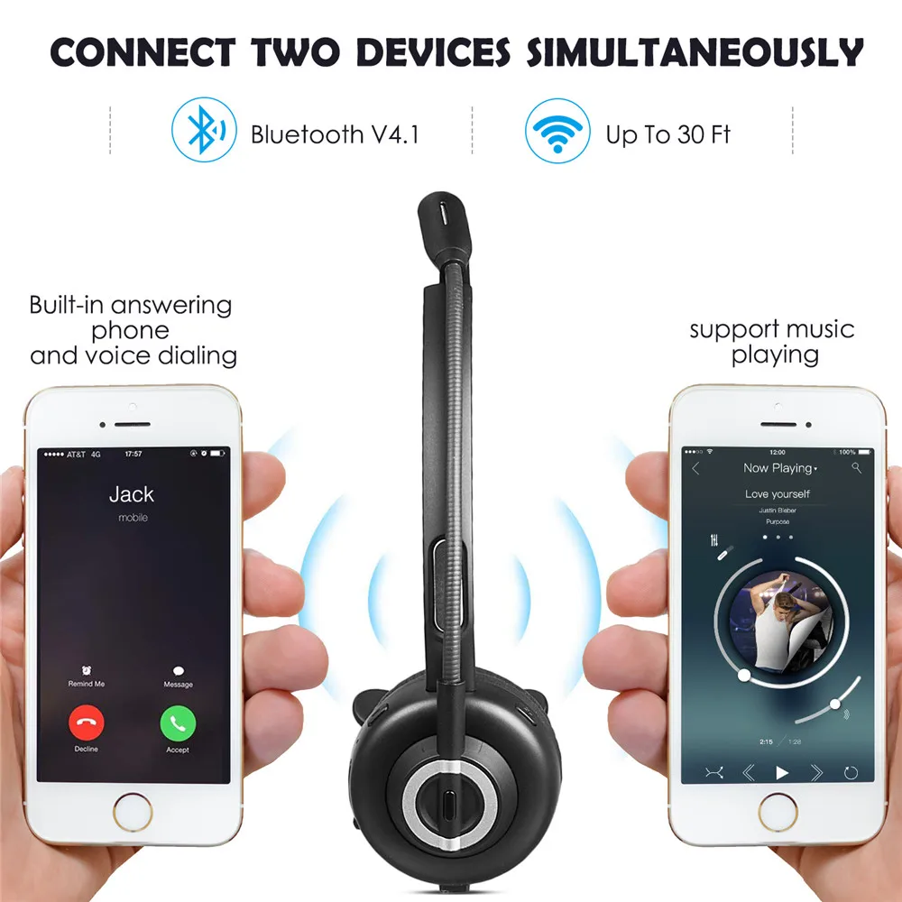 Wireless over head headphone noise canceling hands free call headset with microphone for truck driver
