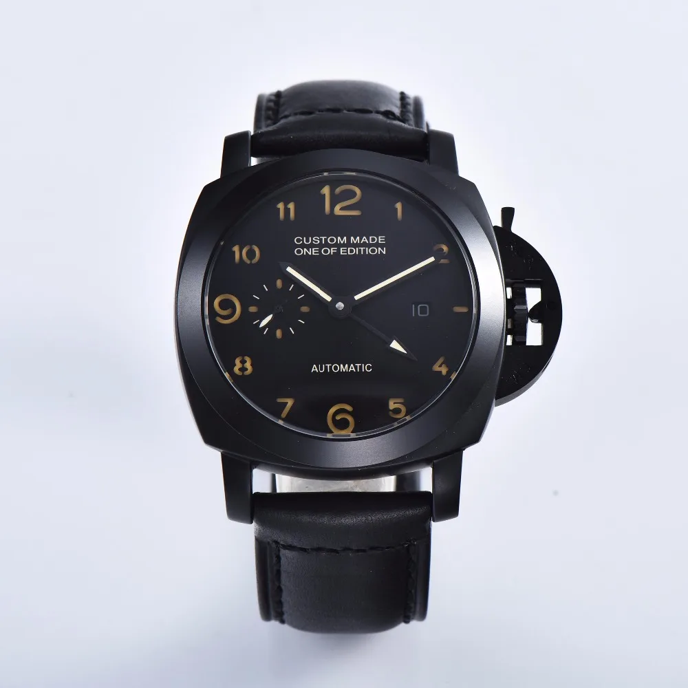 

Men's 44MM Watch Automatic Movement Black PVD Stainless Steel Luminous Hands Black Premium Leather Strap 415-4