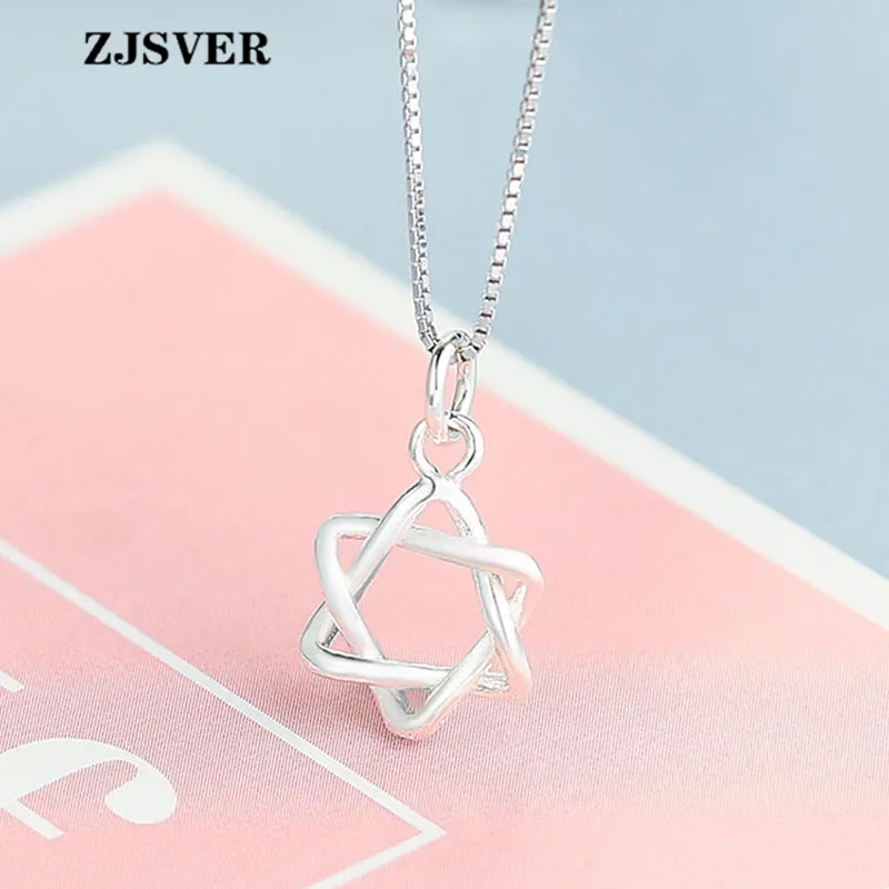 

ZJSVER Fine Jewelry 925 Sterling Silver Necklace Geometric Hollow Hexagon Pendant Fashion Silver Box Chain Women Necklace