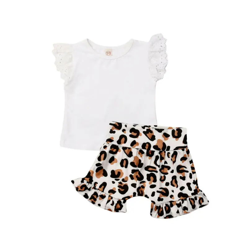 2pcs Infant Toddler Kids Baby Girl Casual Clothes Set T-shirt White Top + Leopard Print Short Pants Outfits Sets Clothing | Мать и