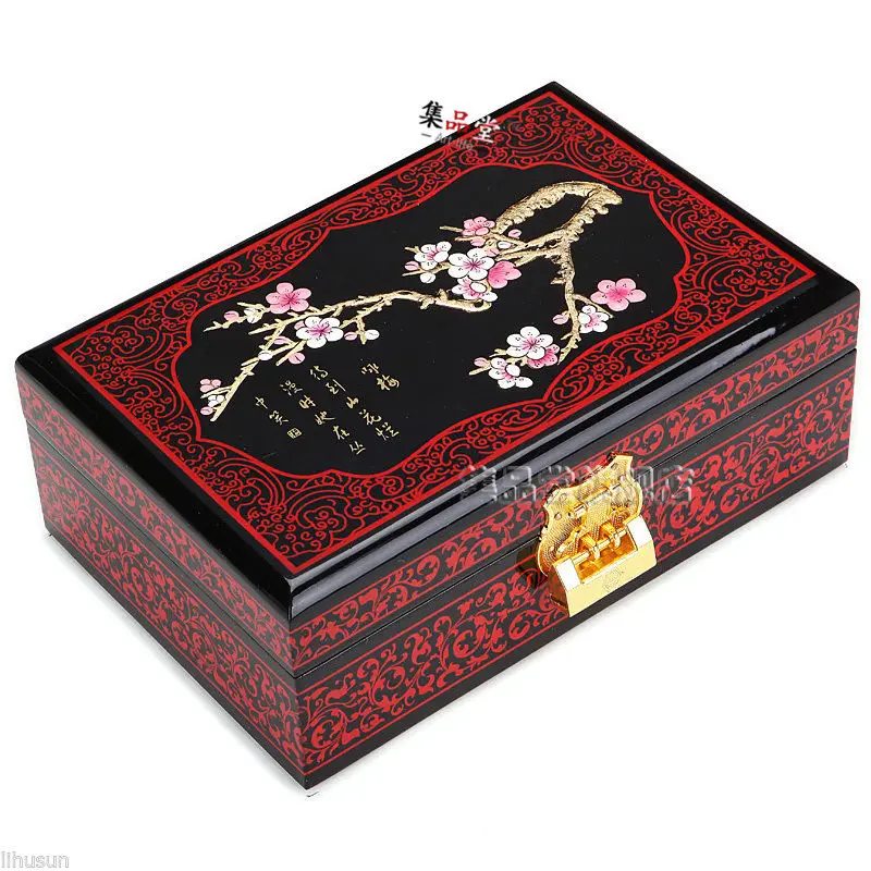

Chinese Exquisite Handmade Wooden Lacquerware& Embroidery 2 Layer Jewelry Box