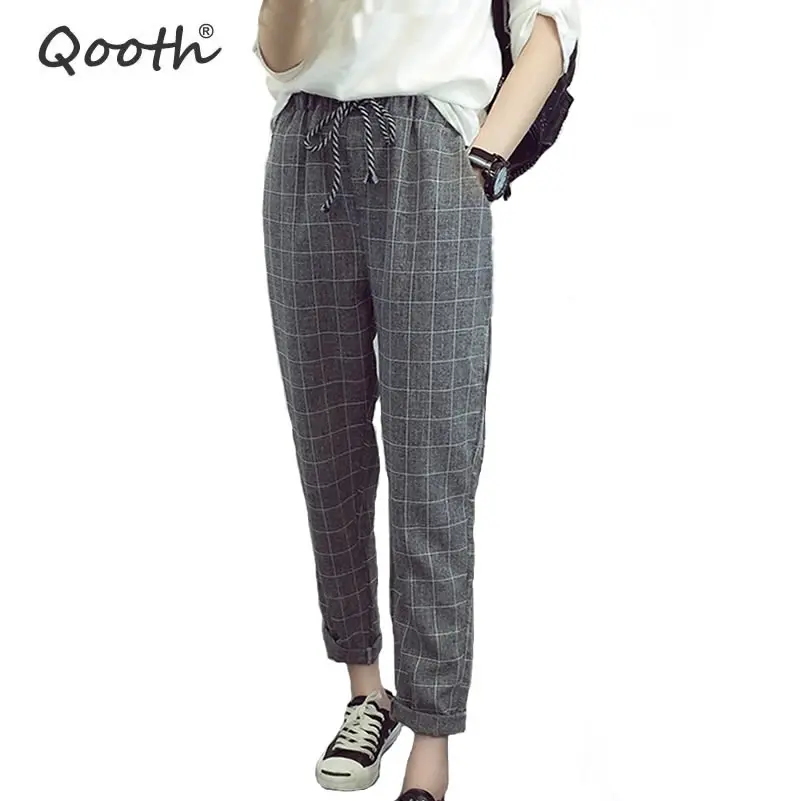 

Qooth Drawstring Plaid Pants Grey High Waist Trousers Elastic Waist Loose Full Length Trousers Women's Black Casual Pants DN2912