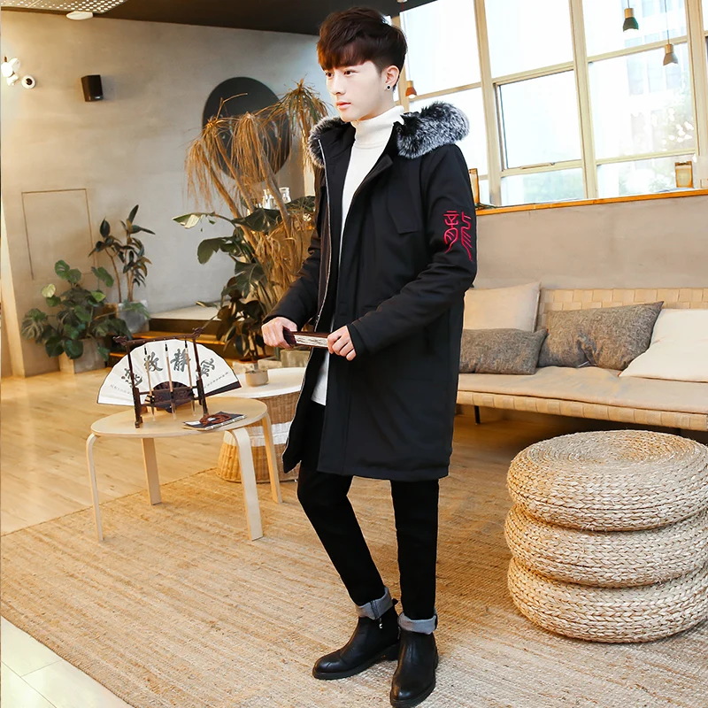 Coton rembourré Capuchon Manteau Chaud Hiver Mode Noir À De Broderie Épaissir Thermique Fourrure Hommes Parkas Dragon Casual Vêtements Veste 45jAL3Rq