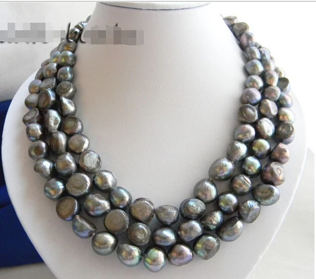 

FREE shipping>>>>3Strands 18'' 12MM Baroque Gray Freshwater Pearl Necklace