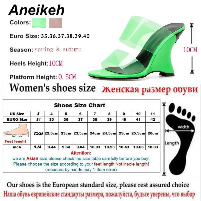 Aneikeh/ г. Новые летние шлепанцы из ПВХ для отдыха Прозрачная женская обувь на танкетке шлепанцы на высоком каблуке шлепанцы без задника розового и зеленого цвета, размеры 35-42