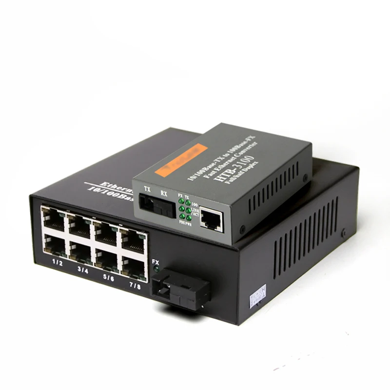 1 SC интерфейс и 8 портов RJ45 ethernet swltch конвертер HTB-3100AB 100 м одного волокна 25 км Оптическое волокно transc 1 пара