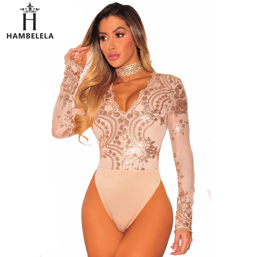 HAMBELELA Long Sleeve Bodysuit Women Gold Sequin Deep V-Neck Skinny Bodycon Jumpsuit Womens Overalls Combinaison Short Femme (4)