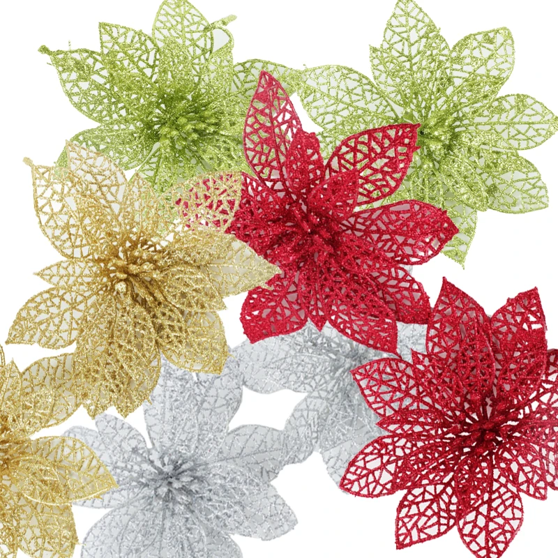 

Cevent 10pcs/lot Glitter Hollow Artificial Flower Decoration for Christmas Trees for New Year Christmas Decorations Fake Flower