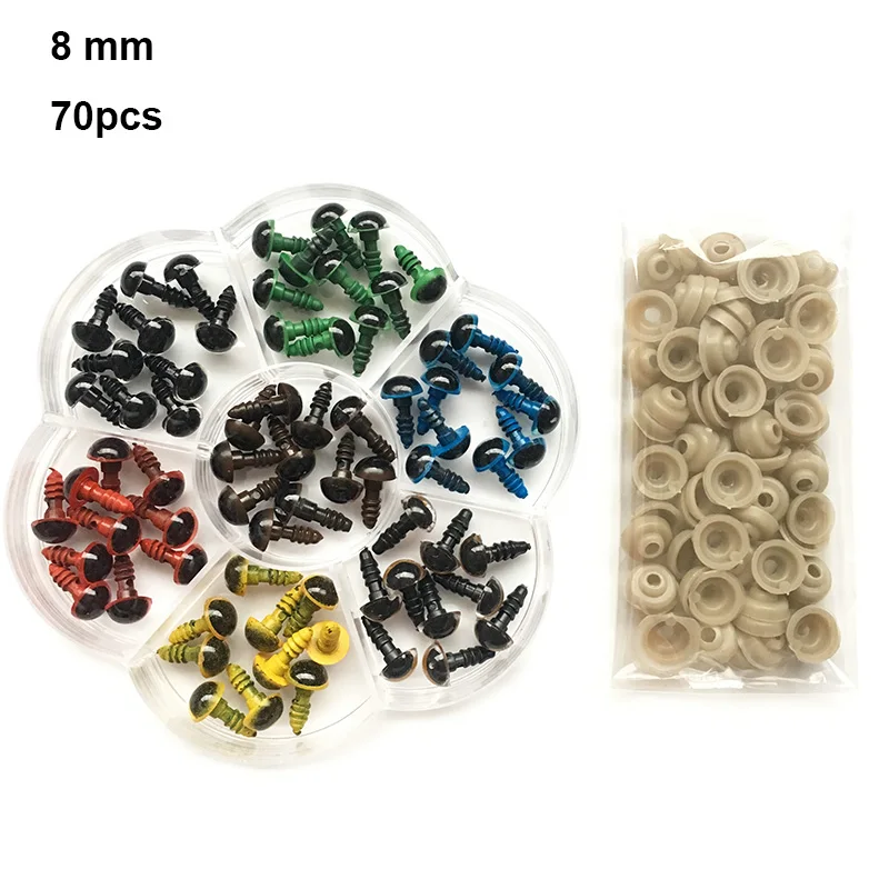 70PCS 8mm/10mm/12mm Mix 7 Colors Plastic Dolls Eyes Safety Eyes For Teddy Handmade DIY Doll Animal Puppet Craft Box With Washers 7