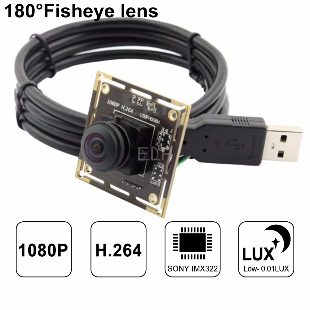 

ELP Wide angle 180 degree Low illumination 1080p 2MP H.264 USB 2.0 camera IMX322 Sensor