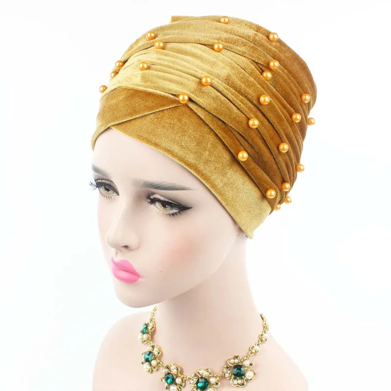 Роскошный перламутровый бархатный тюрбан длинный головной платок хиджаб для мусульманок банданы аксессуары для волос - Цвет: GOLD