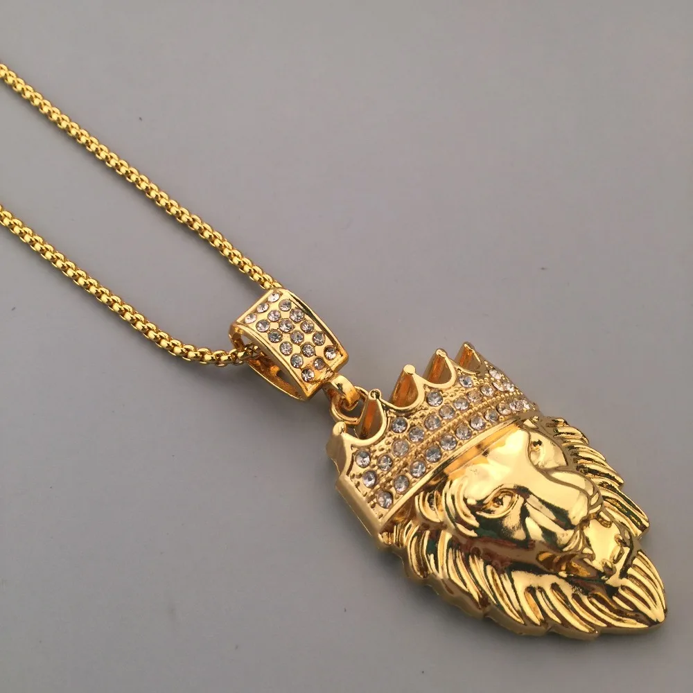 Льдом хорошее золотой Rhinestone короны кулон Лев Цепочки и ожерелья Box цепочка лесной