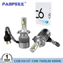 PAMPSEE C6 H7 H4 светодиодный H13 H11 H1 9005 9006 HB2 HB3 HB5 H3 COB 72W фары для 7600LM автомобилей головной светильник s лампы головного противотуманные светильник белый 6000K