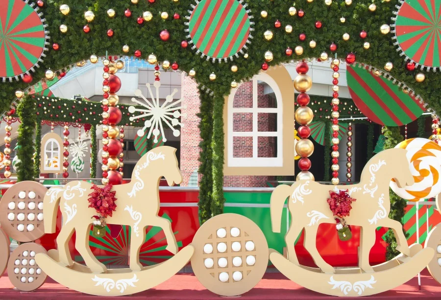 

Laeacco Christmas Balls Trojan Horse Playground Baby Photography Backgrounds Customized Photographic Backdrops For Photo Studio