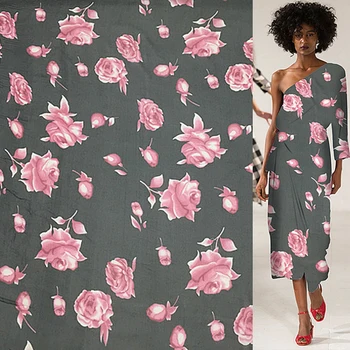 

Pink floral on black bottom 100% silk georgette gauze silk fabric thin,SCG397