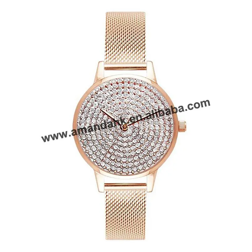 

Wholesale Fashion Full Rhinestone Watch Mesh Belt Quartz Wristwatches Simple Shell Face Women Dress Watches sb18091014