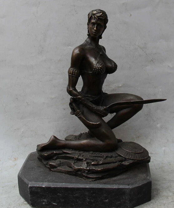 

10"China Western Bronze Marble Sexy Belle Girl Lady War Sword Warrior Art Statue R0711 (B0413)