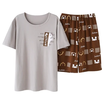 

Summer 100%Cotton Cartoon Men's Pajamas Set Short Sleeve Round Nek Casual Cute Big Size L-3XL Male Sleepwear Mens Clothes