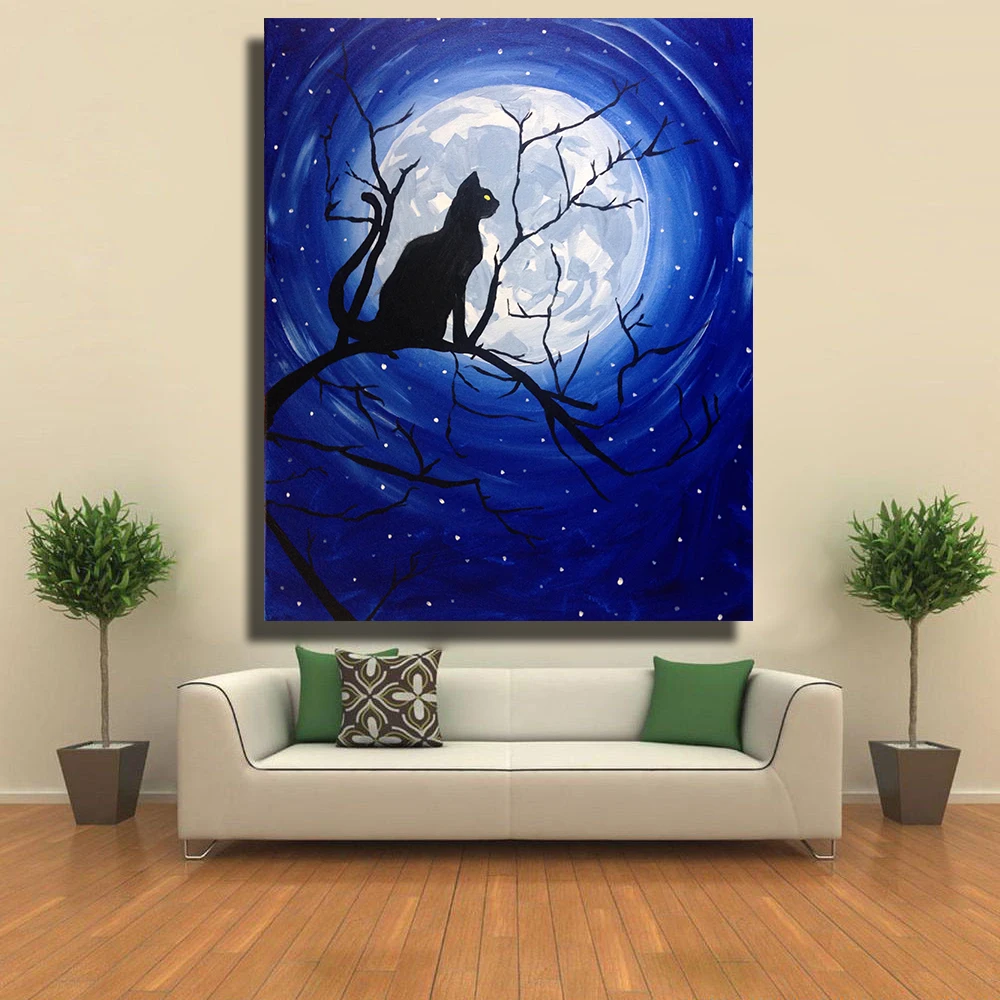 

QKART Pictures Home Decor Cat and Moonlight Oil Painting Canvas Print Wall Pictures for Living Room Wall Art