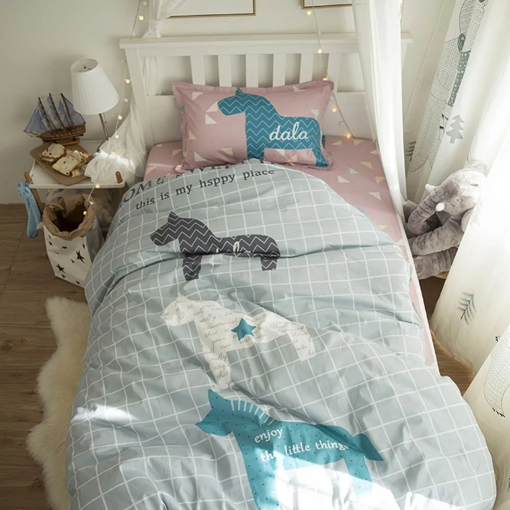 

2019 Horses Grey Plaids Cartoon Boys Print Cotton Duvet Cover Set Twin 3pcs Bedding Set Bed Sheet Pillow Case Bedlinens