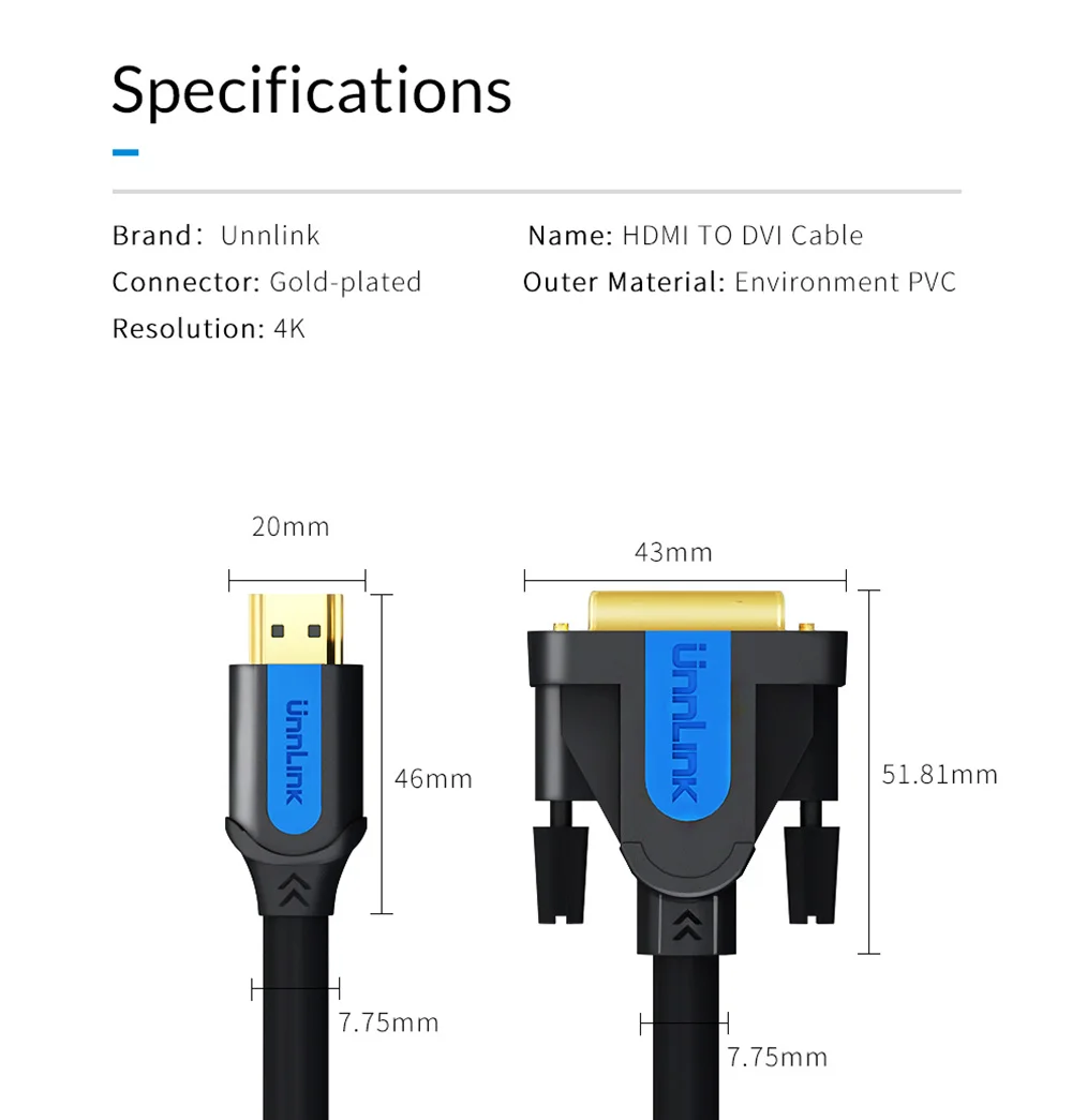 Unnlink HD mi к DVI DVI-D 24+ 1 pin адаптер 4K двунаправленный DVI к HD mi кабель 3 м 5 м 8 м 15 м для проектора led tv mi box компьютера