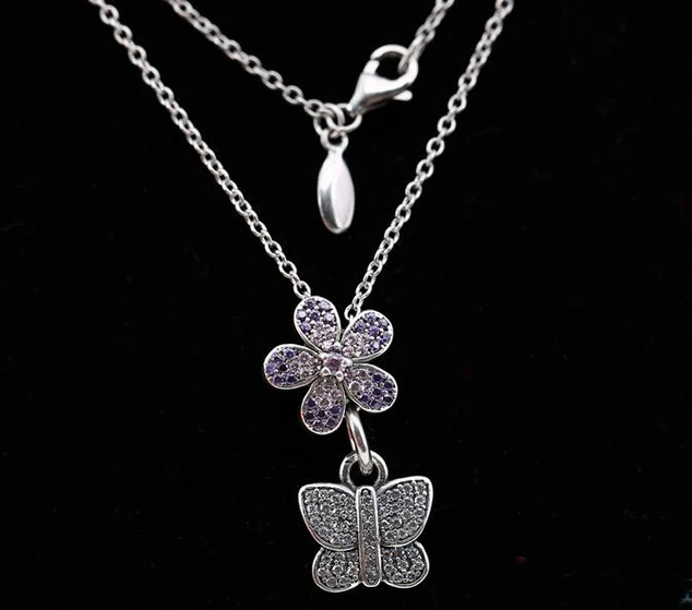 925 Sterling Silver long chain necklace adjustable pave pink purple CZ daisy butterfly Necklace Compatible with pandora Jewelry | Украшения