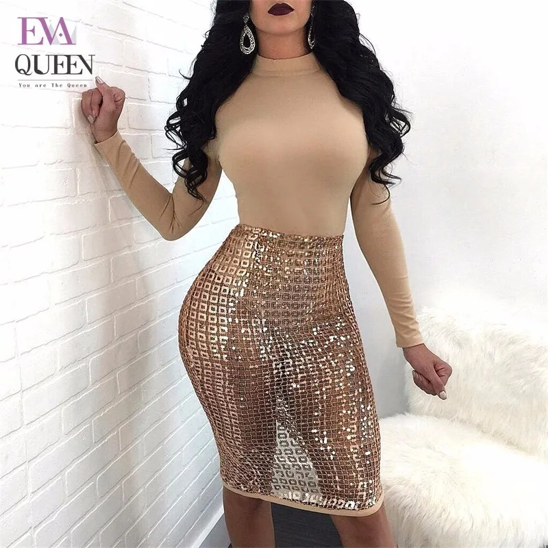 

Tobinoone Autumn Winter New Sexy Sequined Two Piece Dress Women Hollow Out Transparent Dresses Club Party Long Sleeve Vestido