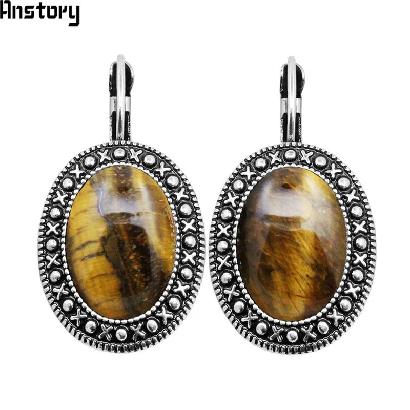 

Natural Tiger Eye Stone Earrings Vintage Pendant Earrings For Women Antique Silver Plated Stone Fashion Jewelry