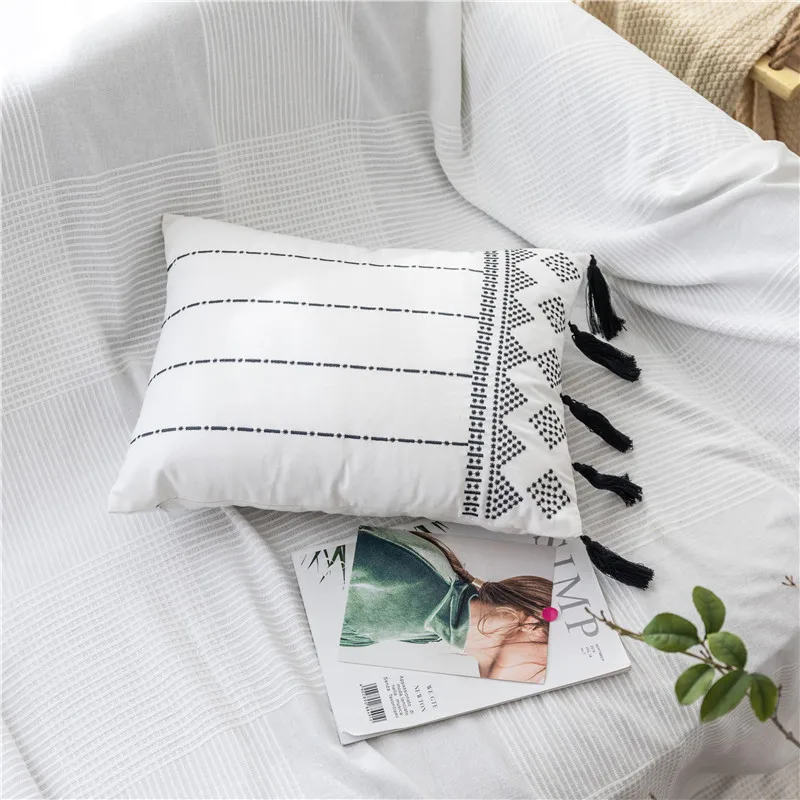 Spring Cushion Cover Pink Blue Black White Home Decorative Embroidery Tassels Pillow Cover for Home Sofa Bed Rectangle 38x48cm - Color: White