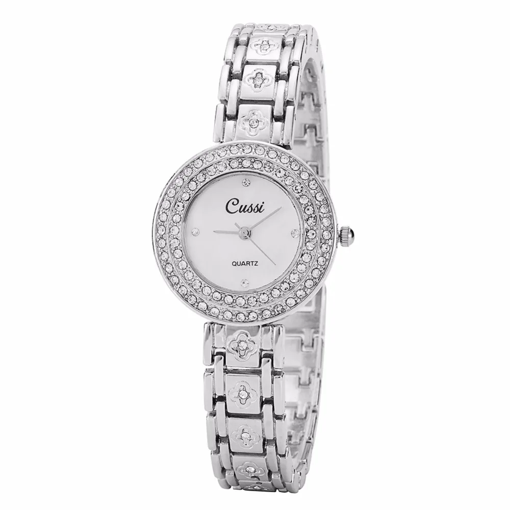 Cussi 2018 Серебряный Для женщин браслет Часы Цветок роскошный горный хрусталь женская одежда Часы Кварцевые наручные часы Relogio feminino подарок