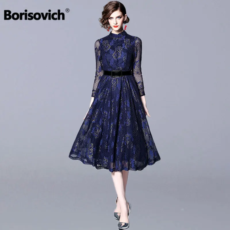 

Borisovich Women Casual Lace Long Dress New 2019 Spring Fashion England Style Big Swing A-line Ladies Elegant Party Dresses N749