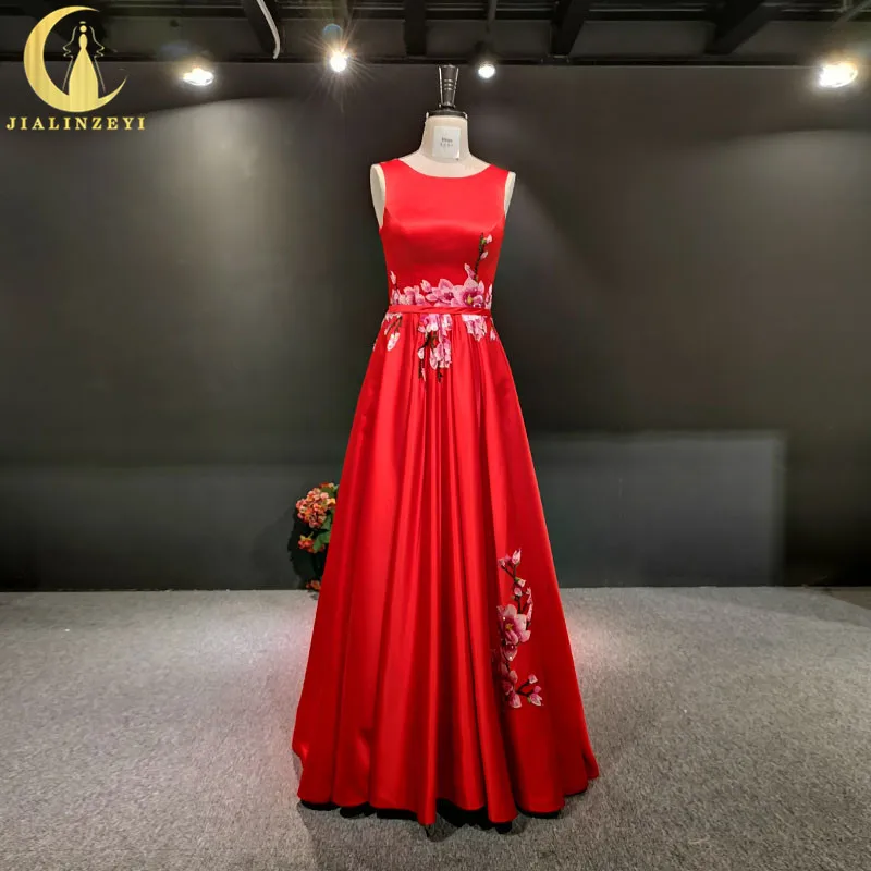 

JIALINZEYI Real Picture Red Satin with Embroidery Floor length V Back Party Formal dress Evening Dresses