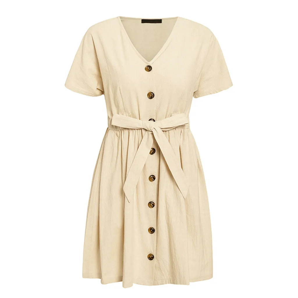 

Vintage Button Sashes Mini Dress Shirt Women V-Neck Short Sleeve Cotton Linen Summer Dress Elegant Ladies A-Line Dress 2019 Robe