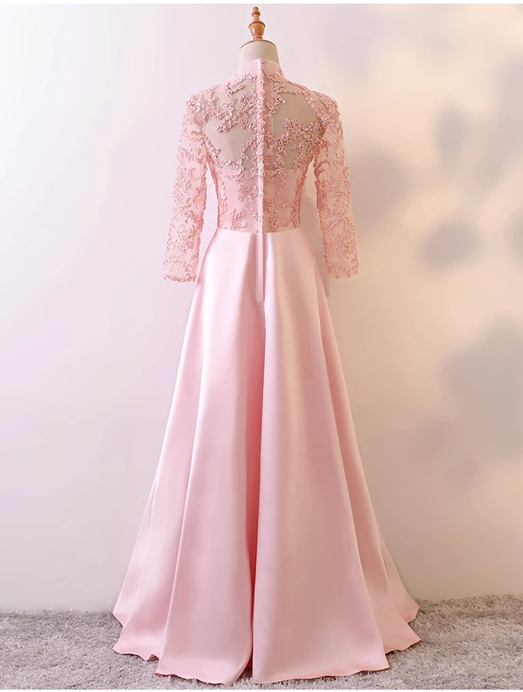 Vestidos de festa vestido longo para casamento, кружевное платье с длинными рукавами, ТРАПЕЦИЕВИДНОЕ розовое мусульманское платье подружки невесты