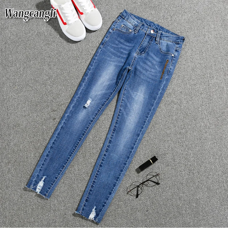 Весенние и летние новые модные джинсы размера плюс с высокой талией для девочек, джинсы для женщин 016