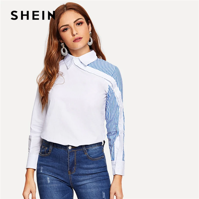  SHEIN White Striped Button Decoration Shirt Classy Blouse Women Summer Autumn Asymmetric Placket Tu