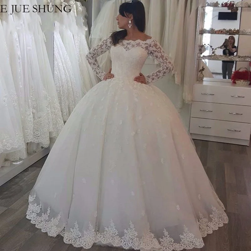 

E JUE SHUNG Vintage Lace Appliques Off The Shoulder Wedding Dresses Ball Gown Long Sleeves Wedding Gowns Bride Dress