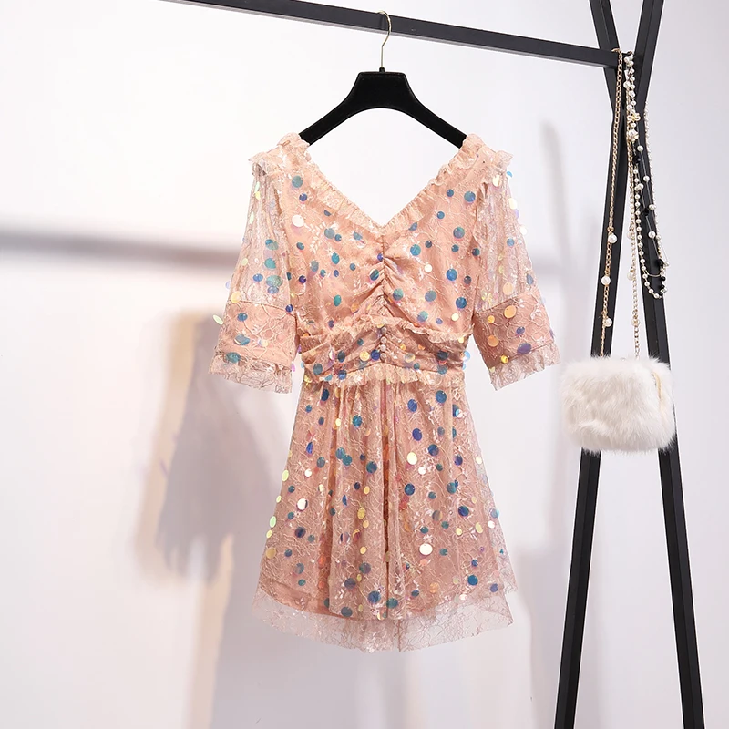 

Heavy-Work Colorful Sequined Summer Boho Dress Women High Waist Crochet Lace Short Dress Short Sleeve V-neck Mini Dresses Ladies